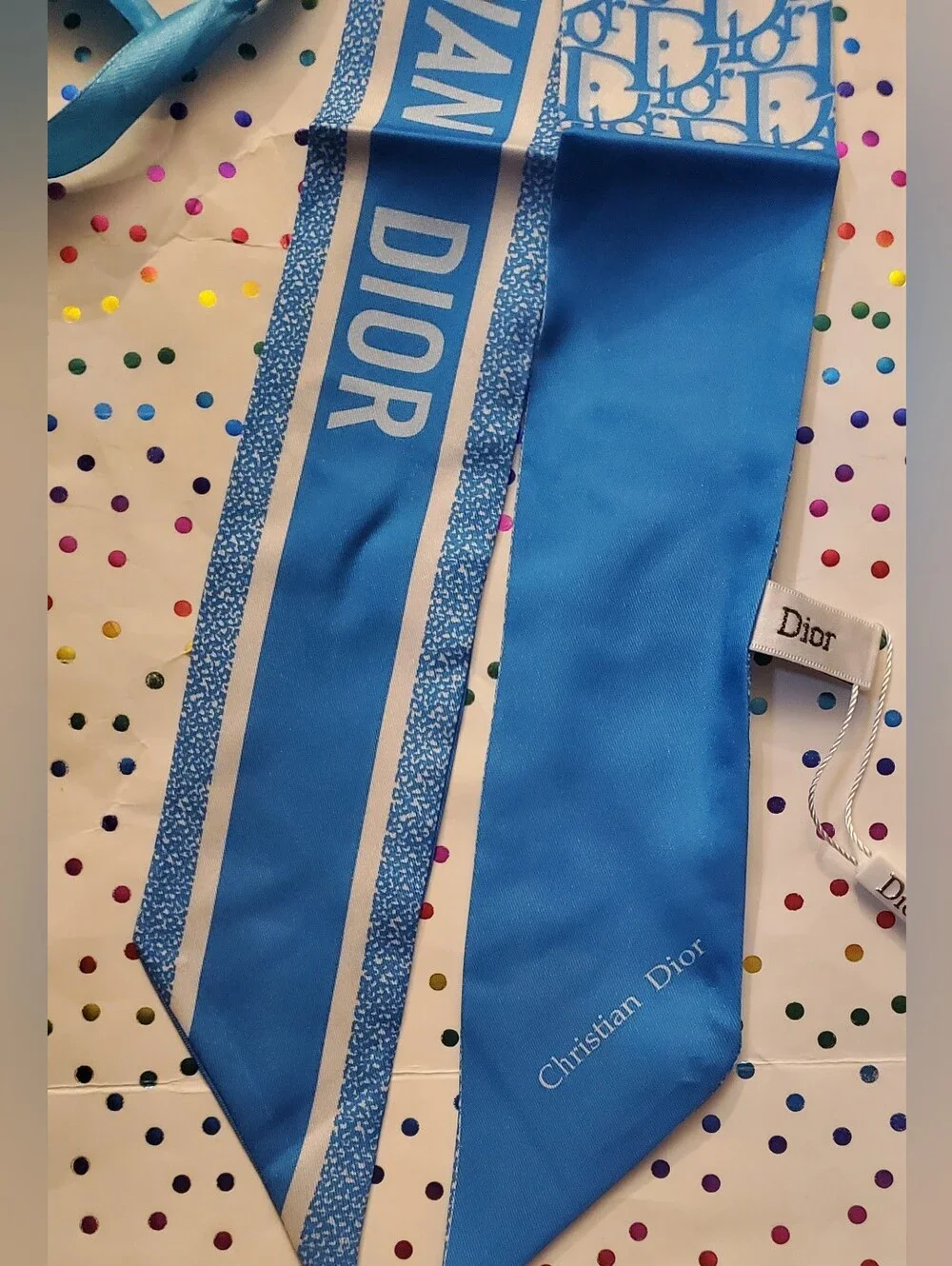 Skinny Bag Twilly, Scarf, Hairtie, Blue and White Silk